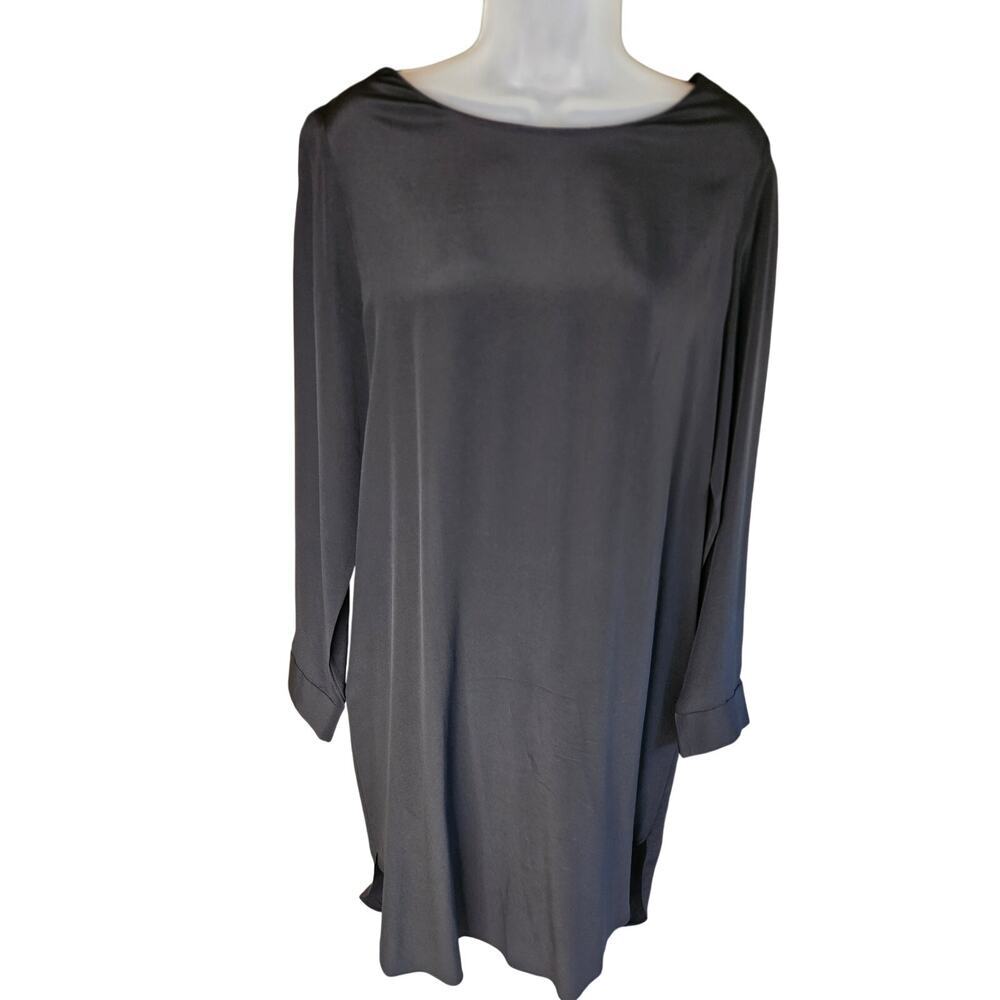 COS Black Sheath Dress Sz 8 100% Silk Keyhole back Asymmetrical hem Semi Sheer - Picture 3 of 11